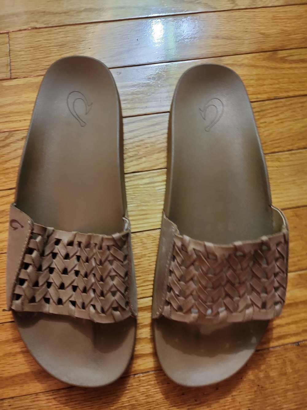 OluKai Kamola Tan/Brown Woven Leather Slide Sandals